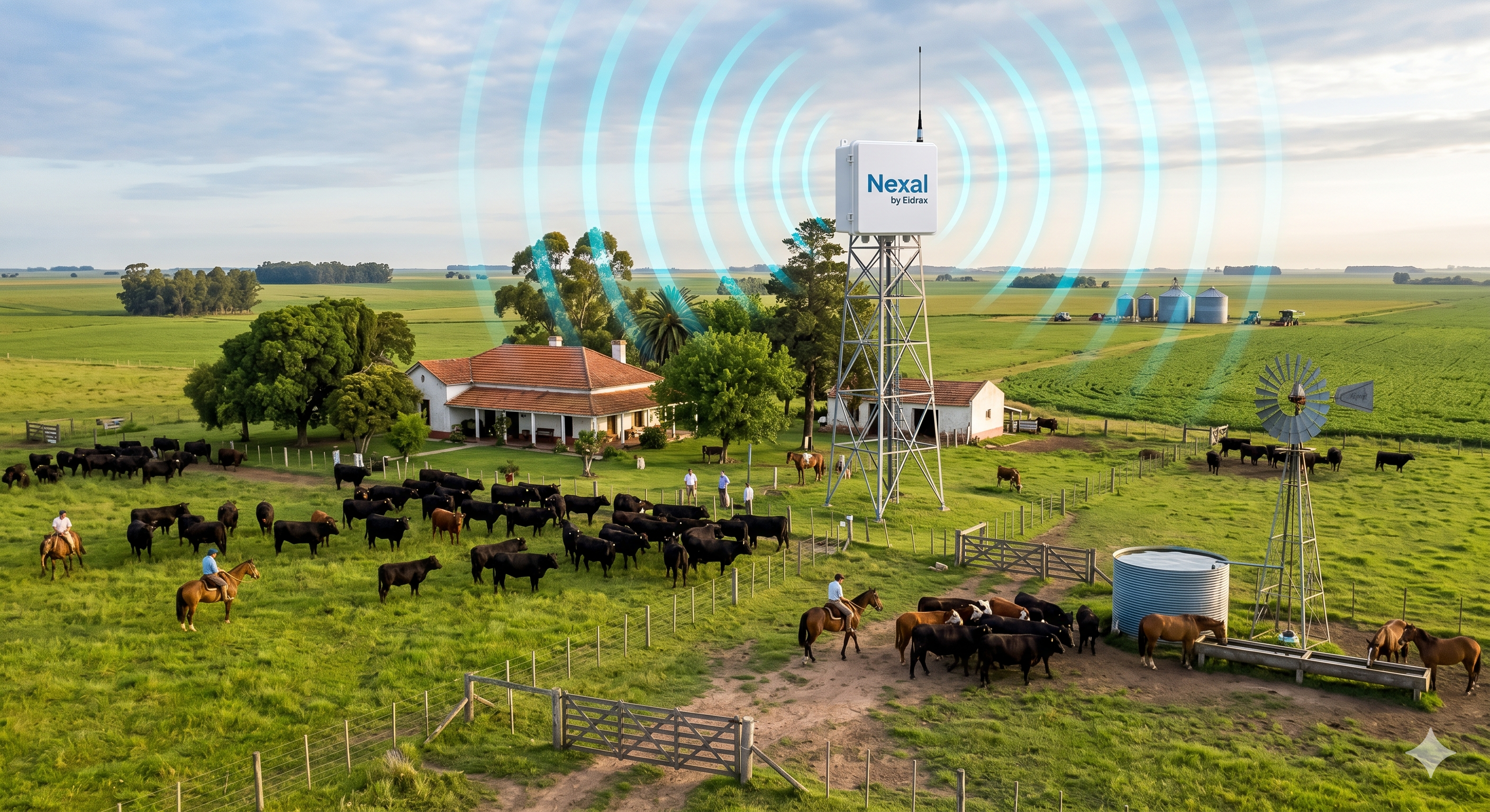 Estancia argentina real con vida de campo: ganado, caballos, operarios y la infraestructura de malla Nexal Etermesh en torre y nodos