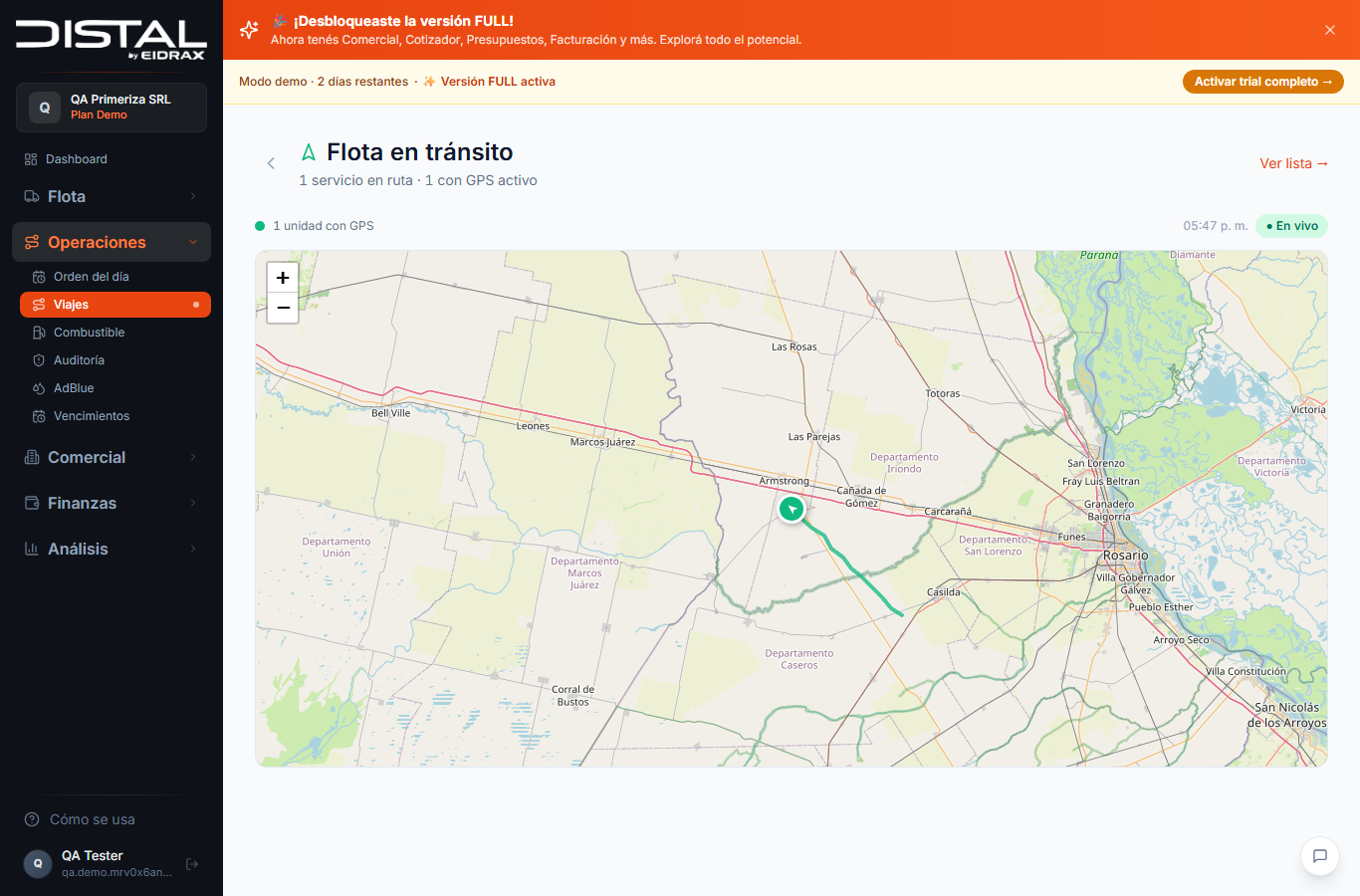 Distal Go en base — mapa de flota en tránsito en vivo